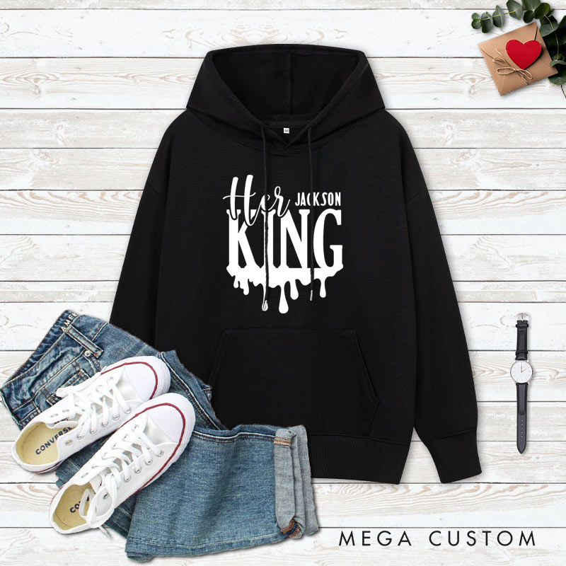 Personalized Couple Minimalist Her King and His Queen Valentine's Day Hoodie with Name Couple Sweatshirt for Boyfriend Girlfriend Husband Wife