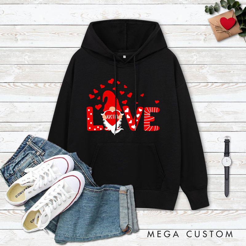 Personalized Couple Red Gnome with Heart Valentine's Day Hoodie with Name Couple Sweatshirt for Boyfriend Girlfriend Husband Wife