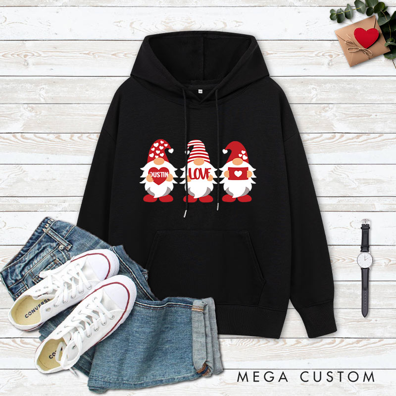 Personalized Red Gnome Couple Holding Hearts Hoodie Couple Valentine's Day Sweatshirt for Boyfriend Girlfriend Husband Wife