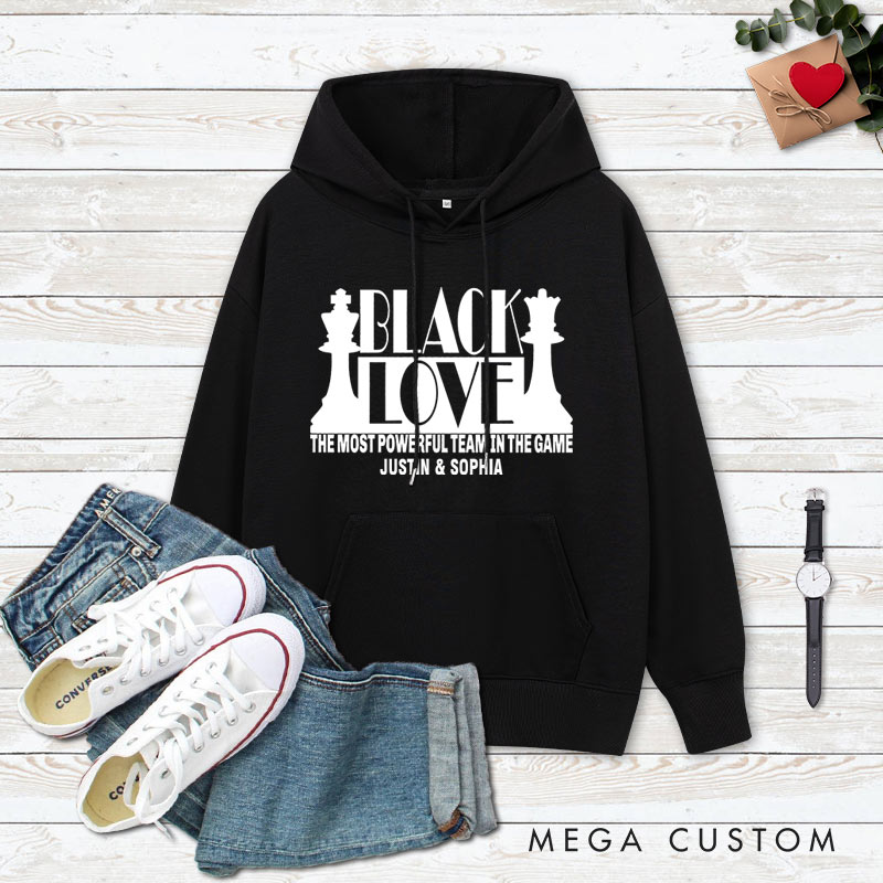Personalized Couple Black Love The Most Powerful Team in the Game Hoodie Couple Valentine's Day Sweatshirt for Boyfriend Girlfriend Husband Wife