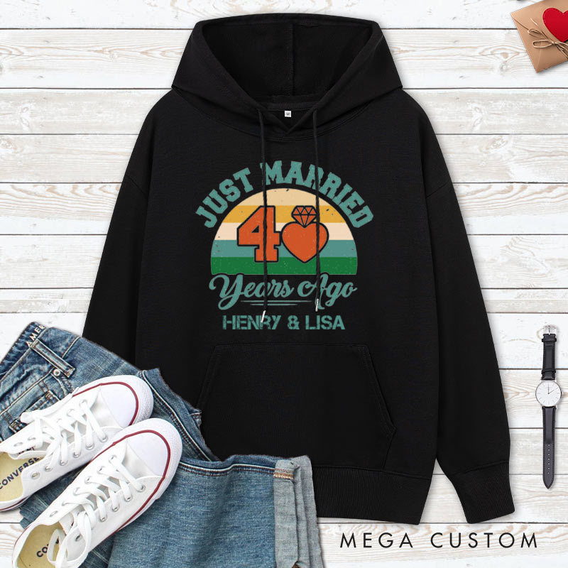 Personalized Just Married 40 Years Ago Retro Hoodie Couple Wedding Anniversary Outfit for Her Him Anniversary Hoodie for Wife Husband