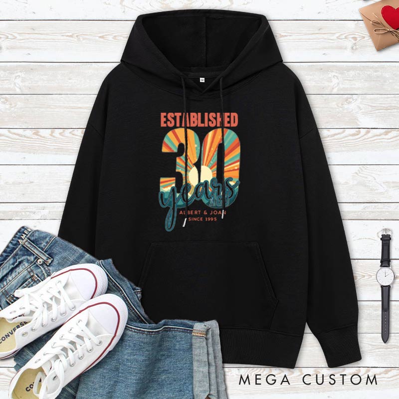 Personalized Established 30 Years Anniversary Hoodie Vintage 30th Anniversary Hoodie for Couple Retro Anniversary Outfit for Wife Husband