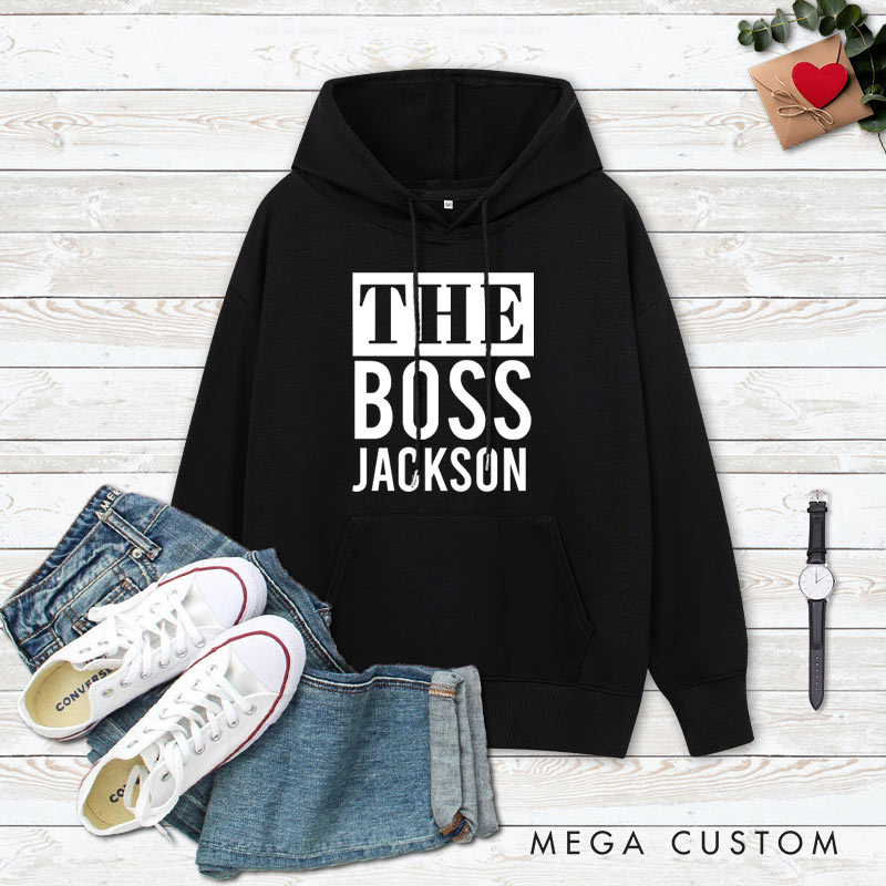 Personalized Couple Minimalist The Boss and The Real Boss Hoodie with Name Couple Valentine's Day Sweatshirt for Boyfriend Girlfriend Husband Wife
