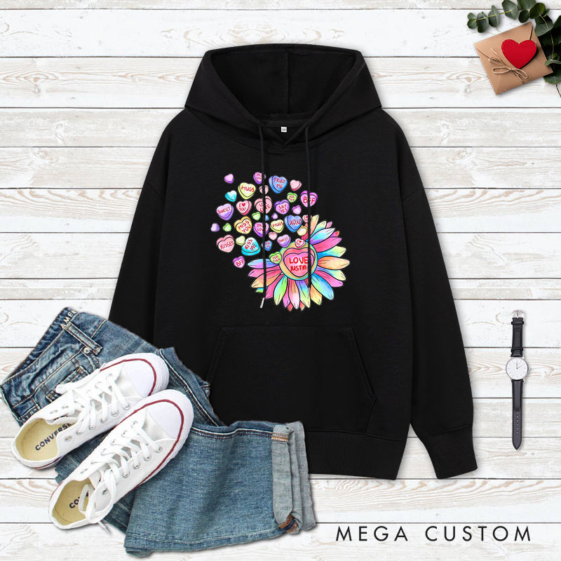 Personalized Couple Colorful Flower with Heart Hoodie Couple Valentine's Day Sweatshirt for Boyfriend Girlfriend Husband Wife