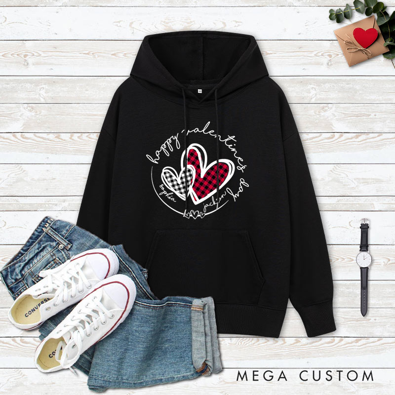 Personalized Couple Plaid Heart Happy Valentine's Day Hoodie with Name Couple Sweatshirt for Boyfriend Girlfriend Husband Wife