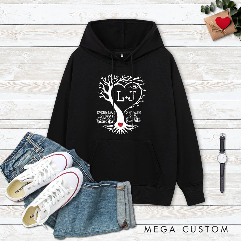 Personalized Couple Love Tree Valentine's Day Hoodie with Name Couple Sweatshirt for Boyfriend Girlfriend Husband Wife
