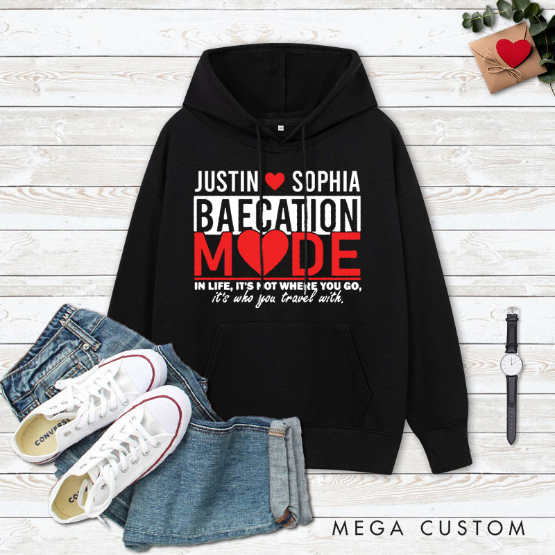 Personalized Couple Baecation Mode with Heart Hoodie Couple Valentine's Day Sweatshirt for Boyfriend Girlfriend Husband Wife