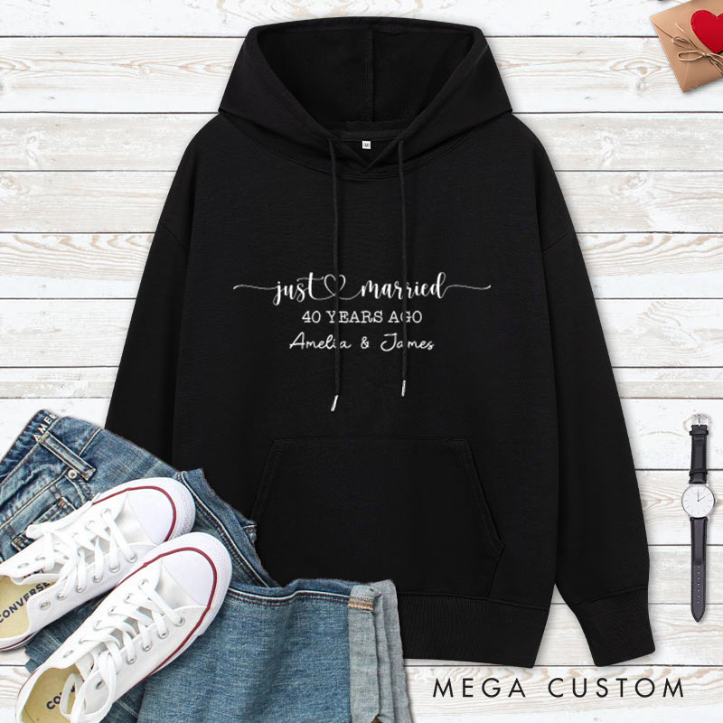 Personalized Just Married 40 Years Ago Anniversary Hoodie Husband Wife Wedding Anniversary Outfit Couple Marriage Hoodie For Her Him