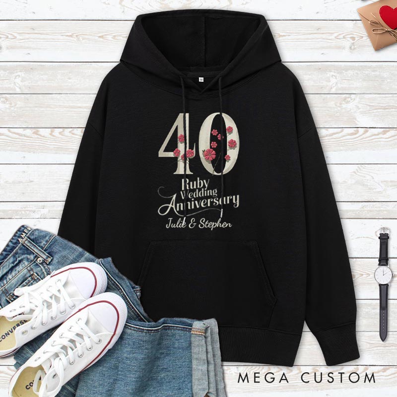 Personalized 40 Ruby Wedding Anniversary Floral Hoodie Husband Wife 40th Anniversary Outfit for Her Him Couple Ruby Wedding Anniversary Hoodie