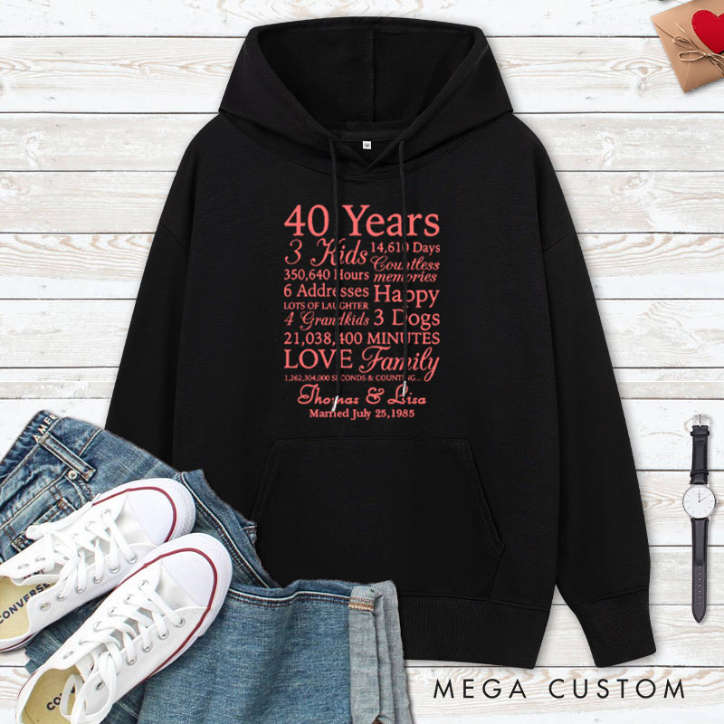 Personalized 40 Years of Love & Family Milestone Hoodie Husband Wife 40th Anniversary Outfit with Name Couple Anniversary Hoodie for Her Him