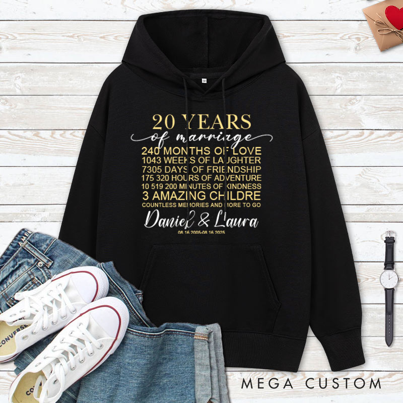 Personalized 20 Years of Marriage Milestone Hoodie 20th Anniversary Outfit for Husband Wife Couple Anniversary Marriage Milestone Hoodie