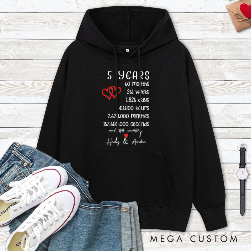 Personalized 5 Years of Love Anniversary Hoodie Couple 5th Anniversary Marriage Milestone Hoodie Wife Husband Wedding Milestone Hoodie