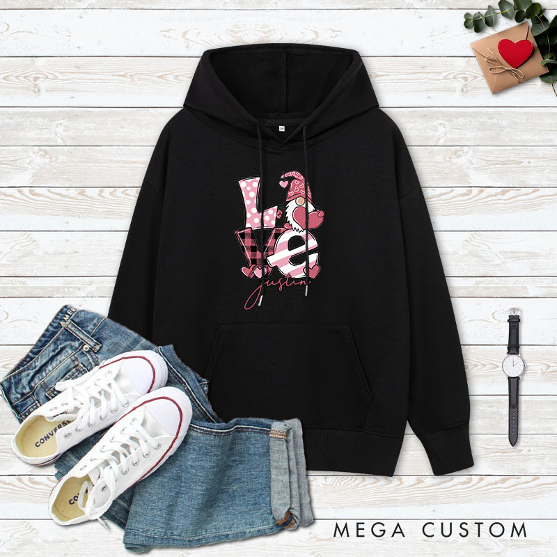 Personalized Couple Pink LOVE Gnome Holding a Heart Hoodie with Name Couple Valentine’s Day Sweatshirt for Boyfriend Girlfriend Husband Wife