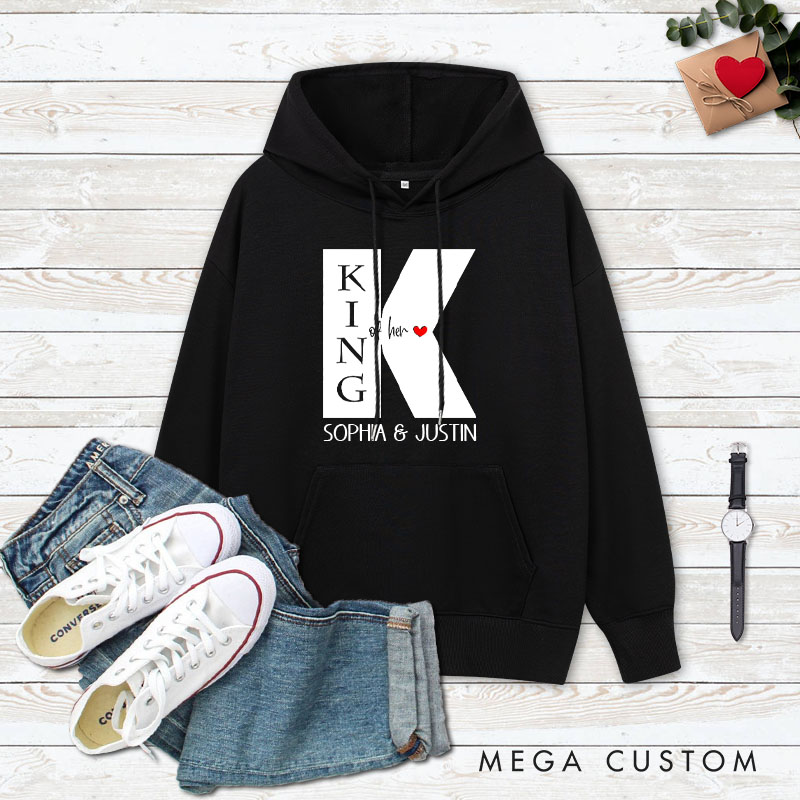 Personalized Couple King of Her Heart and Queen of His Heart Valentine's Day Hoodie with Name Couple Sweatshirt for Boyfriend Girlfriend Husband Wife