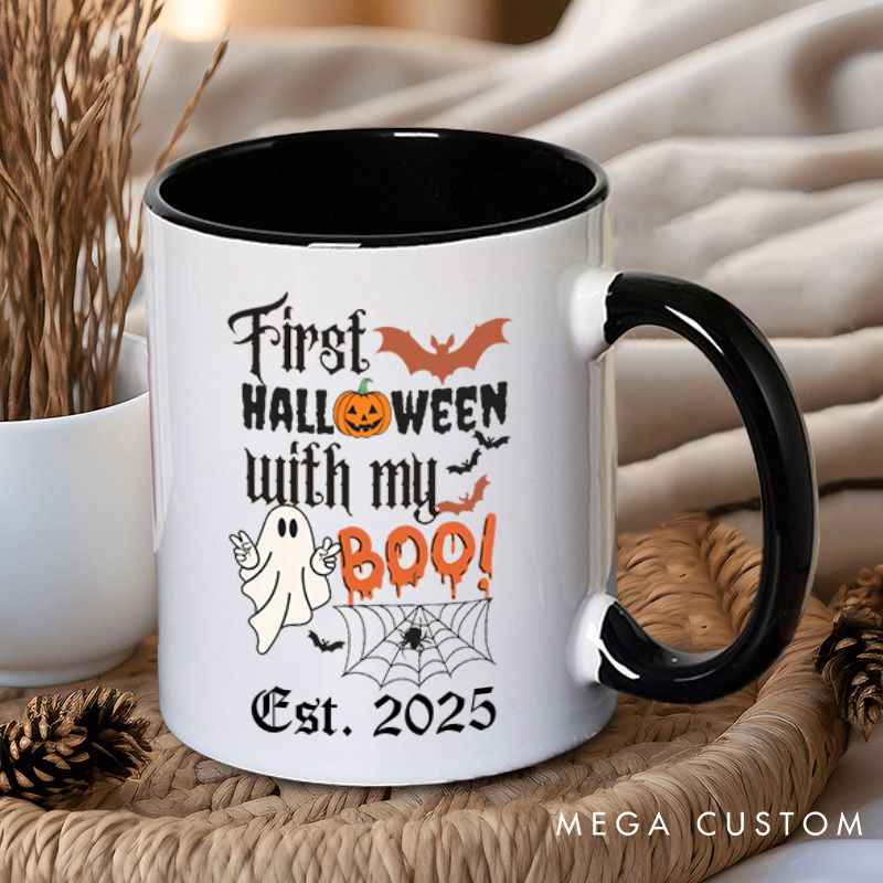 Personalized First Halloween with My Boo Ghost and Pumpkin Two Tone Color Couple Mugs 