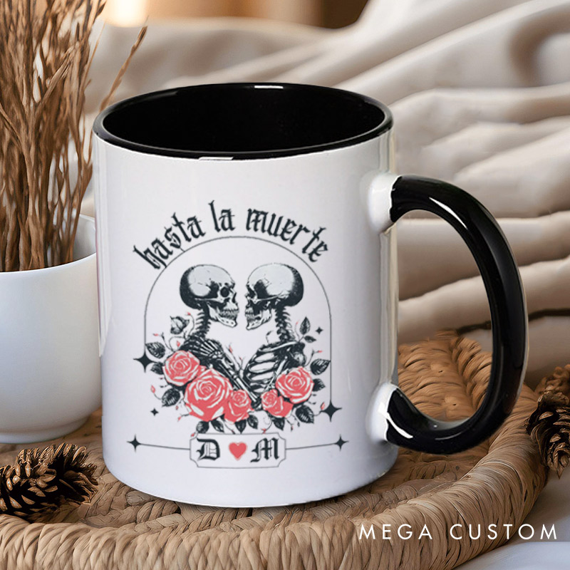 Personalized Hasta La Muerte Skeleton Couple with Roses Couple Mugs 