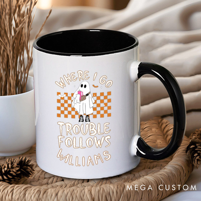 Personalized Where I Go Trouble Follows Ghost with Checkered Background Couple Mugs 