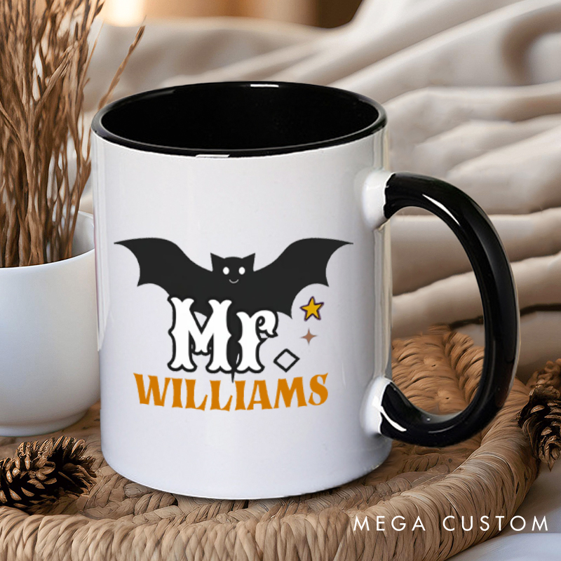 Personalized Mr. and Mrs. Bat Design with Halloween Theme Couple Mugs 