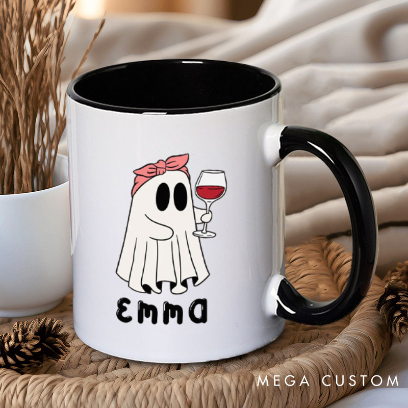 Personalized Cute Couple Ghosts with Wine Glasses Halloween Couple Mugs 