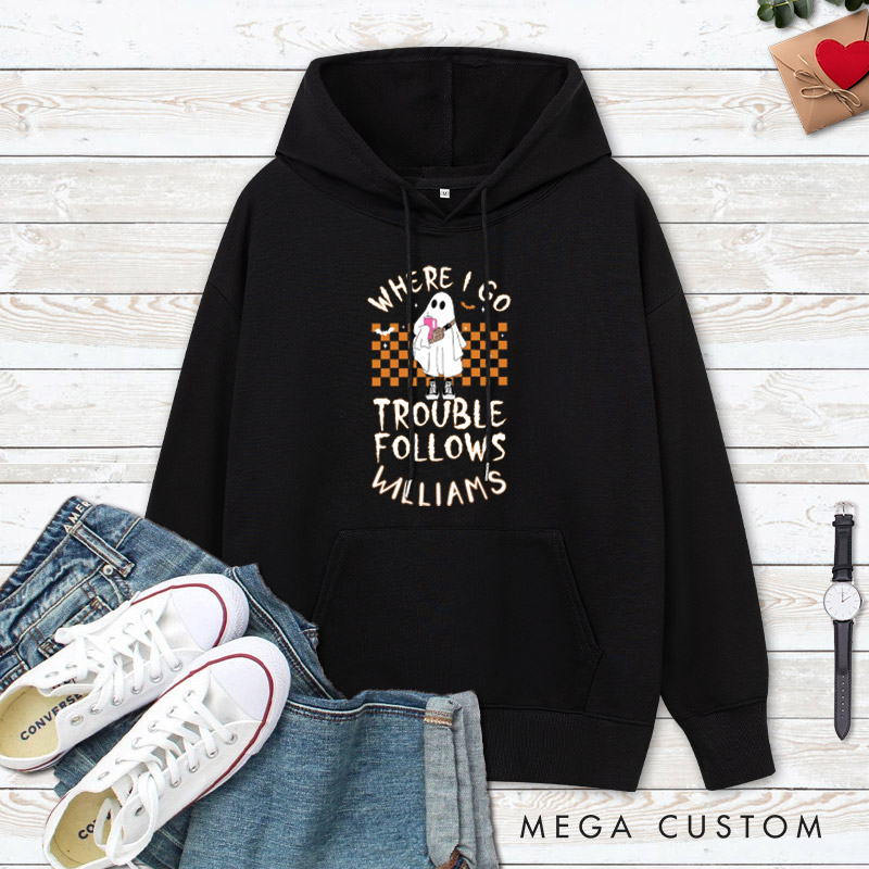 Personalized Where I Go Trouble Follows Ghost with Checkered Background Couple Hoodie