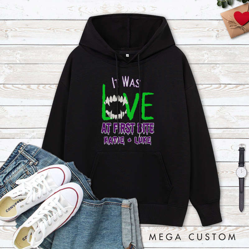 Personalized Love at First Bite & Fangs for the Memories Halloween Couple Hoodie
