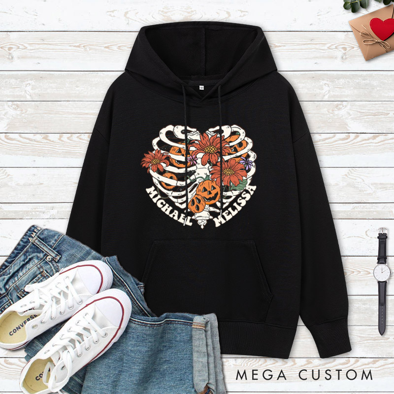 Personalized Floral Skeleton Ribcage with Pumpkins Halloween Couple Hoodie