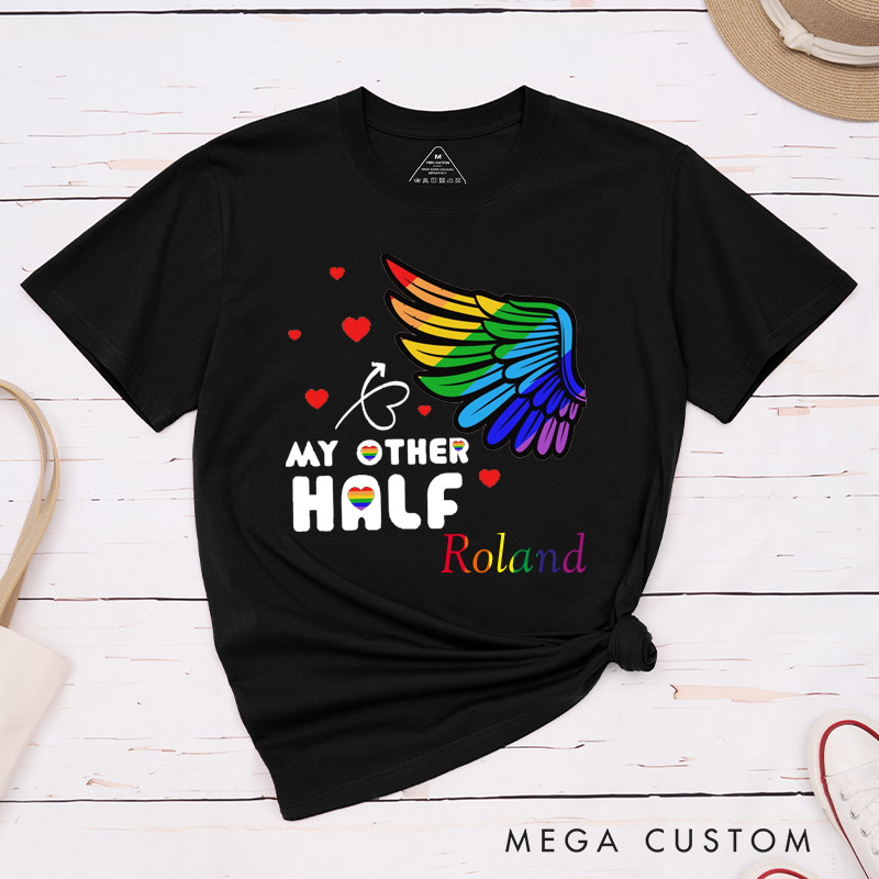 Personalized My Other Half Rainbow Wings Couple T-Shirts LGBTQ Matching Shirts for her him Pride Lesbian Gay Couple Tees