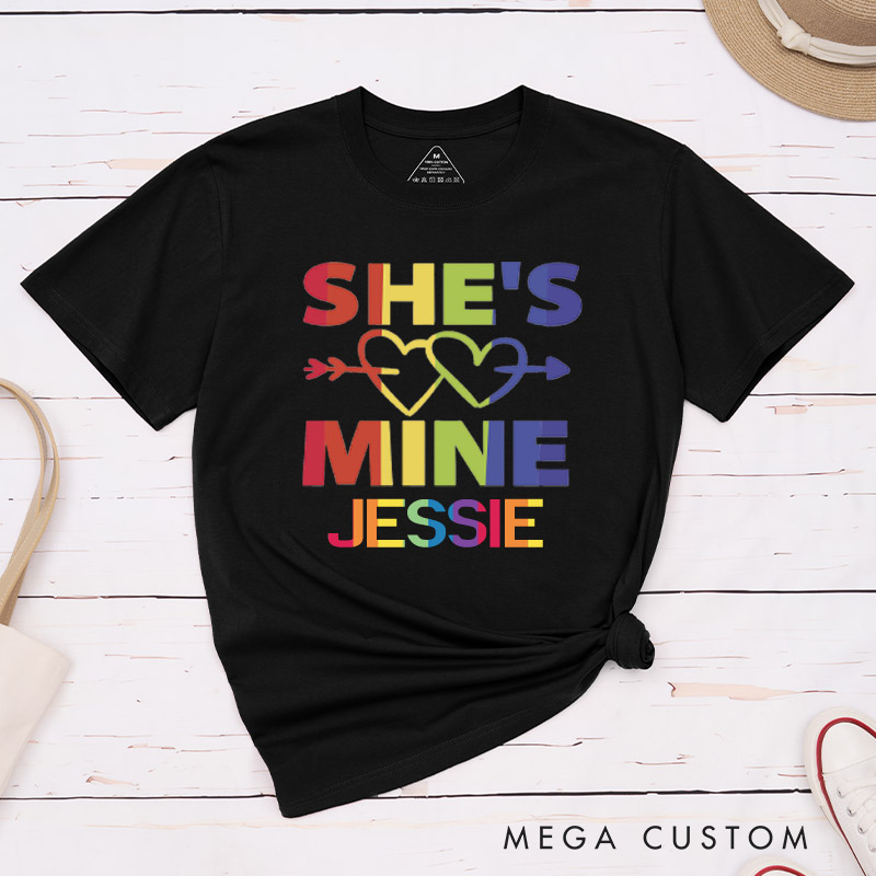 Personalized She's Mine I'm Hers LGBTQ Rainbow Love T-Shirts Lesbian Matching Shirts for Her Pride Couple Tee
