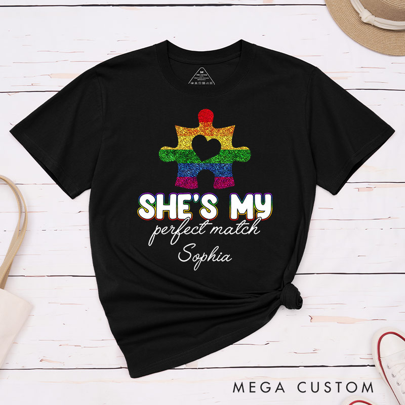 Personalized She's My Perfect Match Puzzle Piece Pride T-Shirts LGBTQ Lesbian Matching Couple Shirt Lesbian Wife Girlfriend Tees
