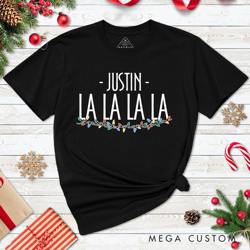 Personalized Couple La La La La La with String Lights Christmas Matching T-Shirt Couple Xmas T-Shirt for Husband Wife Boyfriend Girlfriend