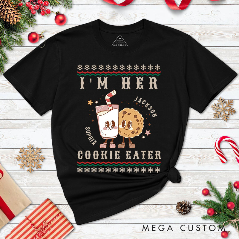Personalized Couple I'm Her Cookie Eater Christmas Matching T-Shirt Couple I'm His Milk Drinker Xmas T-Shirt for Husband Wife Boyfriend Girlfriend