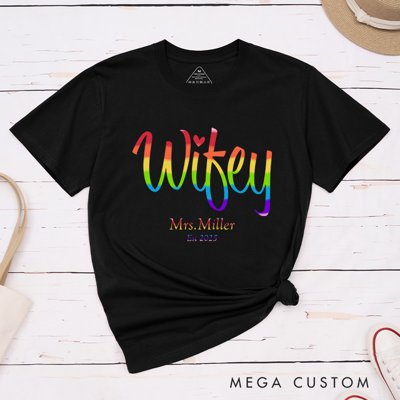 Personalized Wifey and Wife Rainbow Couple T-Shirts LGBTQA+ Lesbian Couple Shirt for Her Pride Lesbian Matching Tee