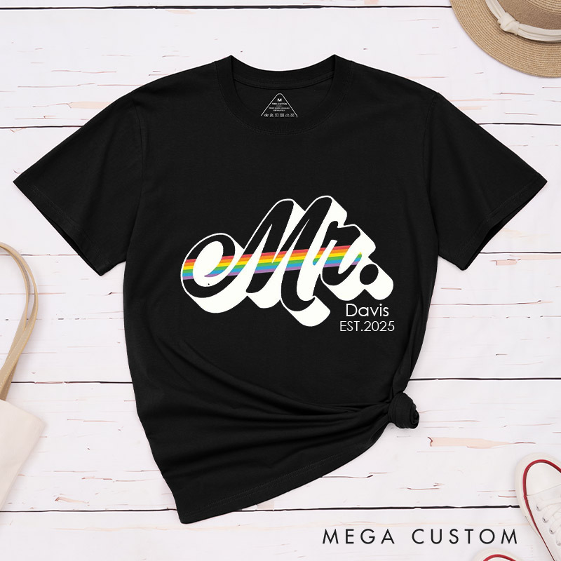 Personalized Mr and Mr Rainbow Couple T-Shirts LGBTQA+ Gay Matching Shirt for Him Pride Month LGBTQ Couple Tee for Gay