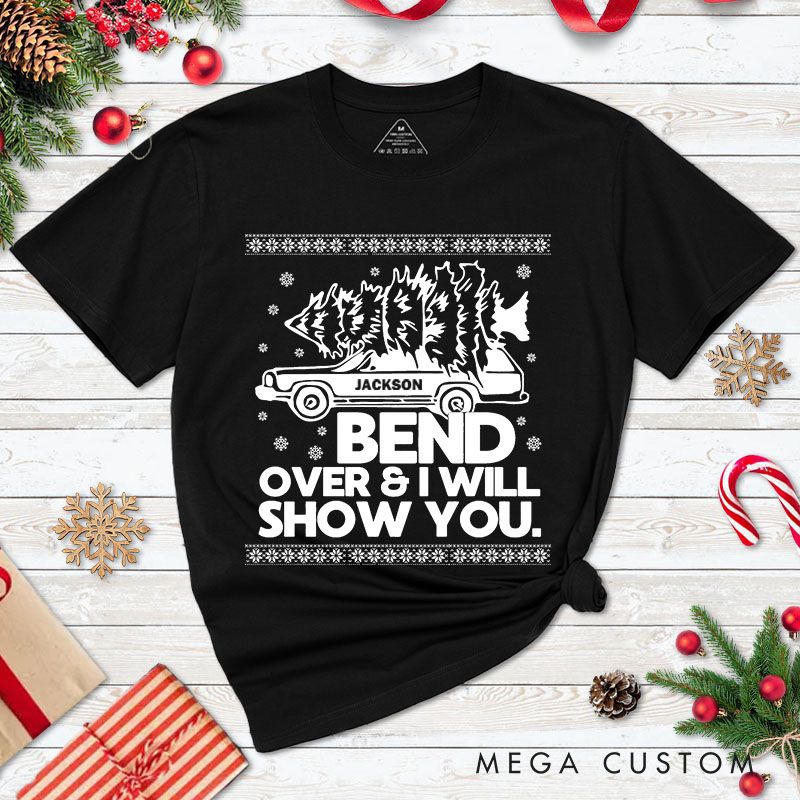 Personalized Couple Bend Over and I Will Show You Christmas T-Shirt Couple Xmas Truck with Tree Matching T-Shirt for Husband Wife Boyfriend Girlfriend