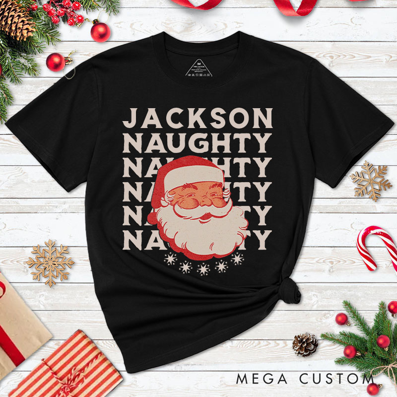 Personalized Couple Retro Naughty and Nice with Santa Christmas T-Shirt Couple Xmas Matching T-Shirt for Husband Wife Boyfriend Girlfriend