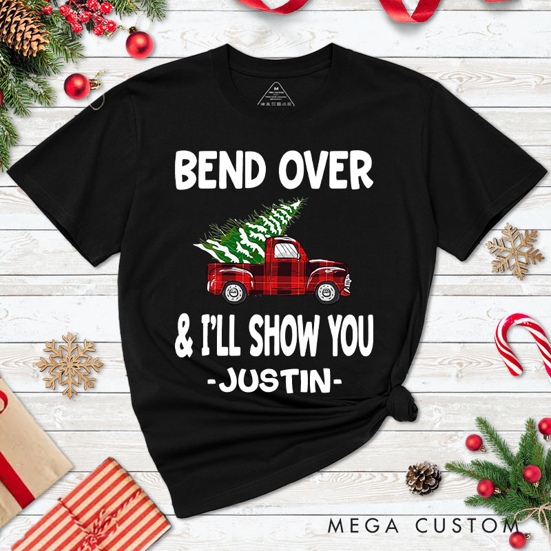Personalized Couple Funny Bend Over and I’ll Show You Christmas T-Shirt Couple Xmas Plaid Truck Matching T-Shirt for Husband Wife Boyfriend Girlfriend