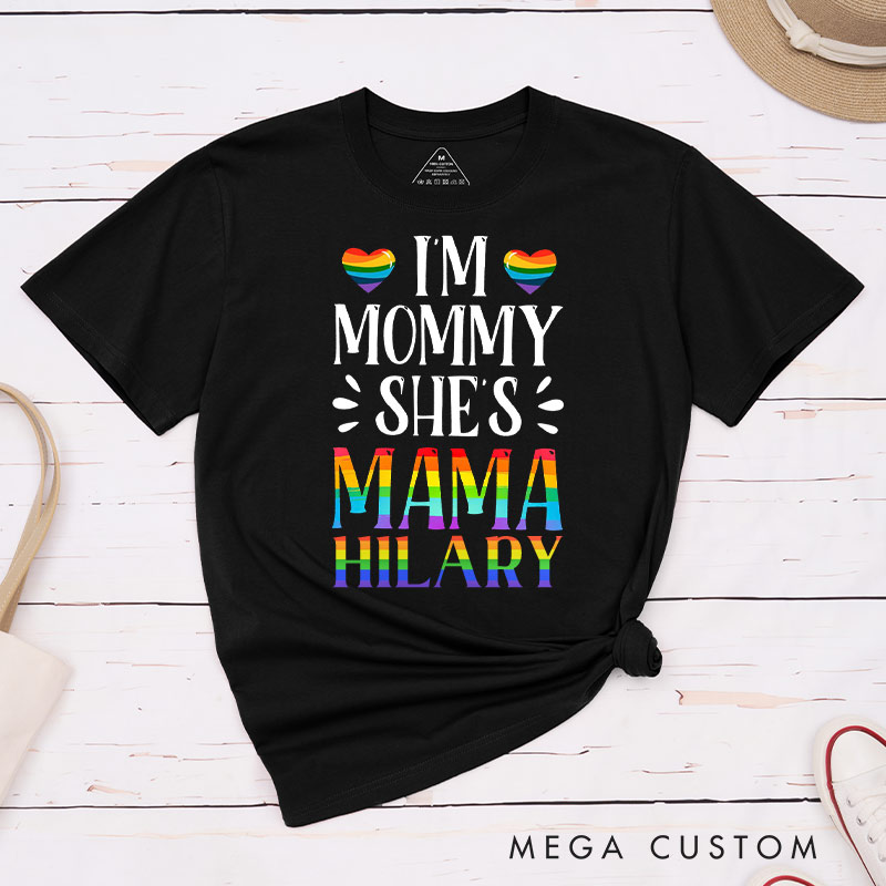 Personalized Mama and Mommy Rainbow Couple T-Shirts LGBTQ Lesbian Tee for Her LGBTQA+ Couple Matching Shirt