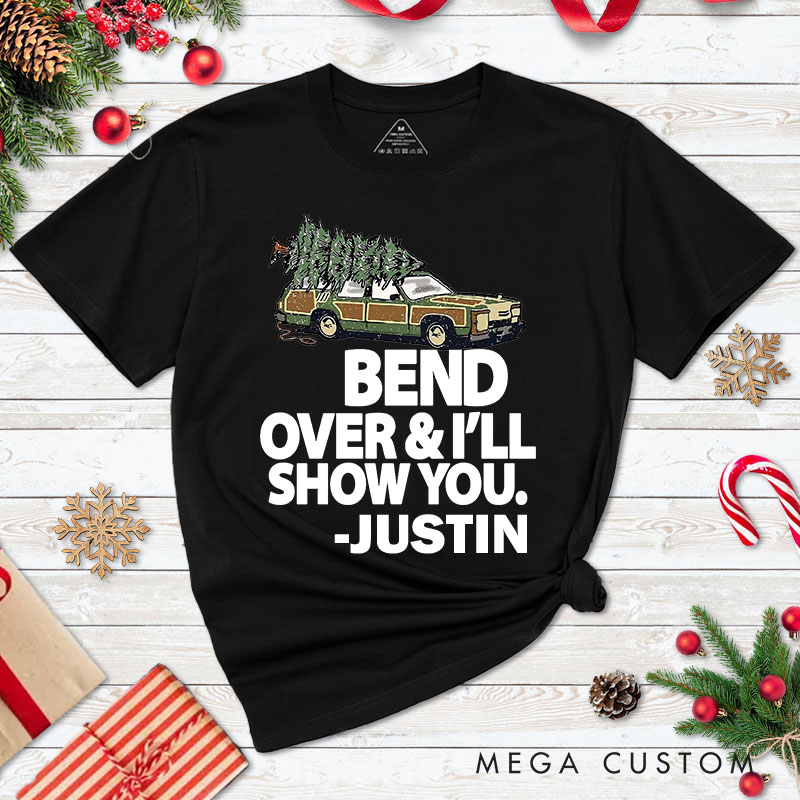 Personalized Couple Humor Bend Over and I'll Show You Christmas T-Shirt Couple Xmas Plaid Truck Matching T-Shirt for Husband Wife Boyfriend Girlfriend