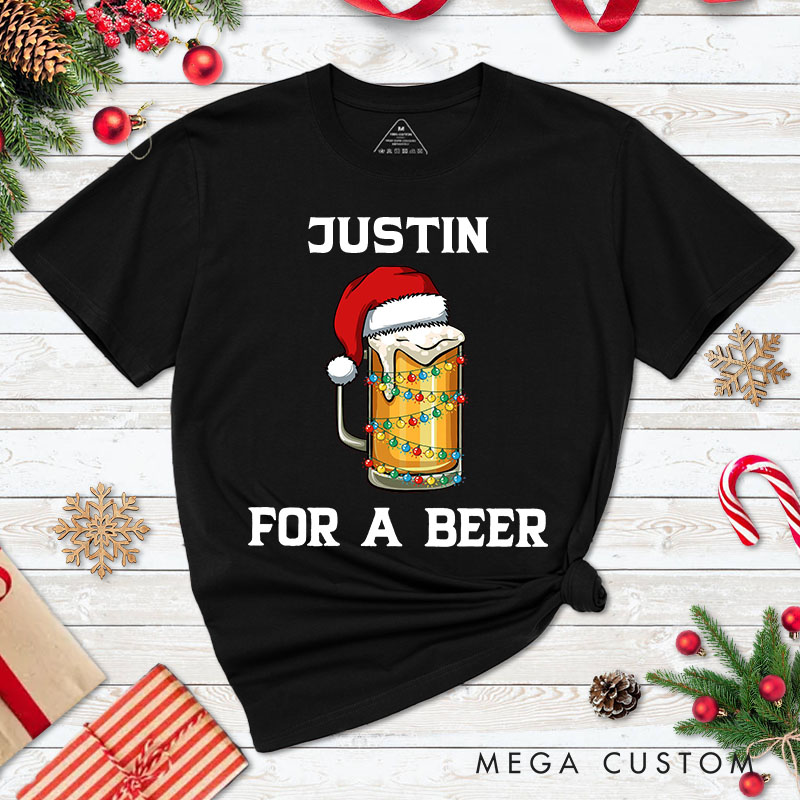 Personalized Couple For a Beer and It's the Most Wonderful Time Christmas T-Shirt Couple Xmas Matching T-Shirt for Husband Wife Boyfriend Girlfriend