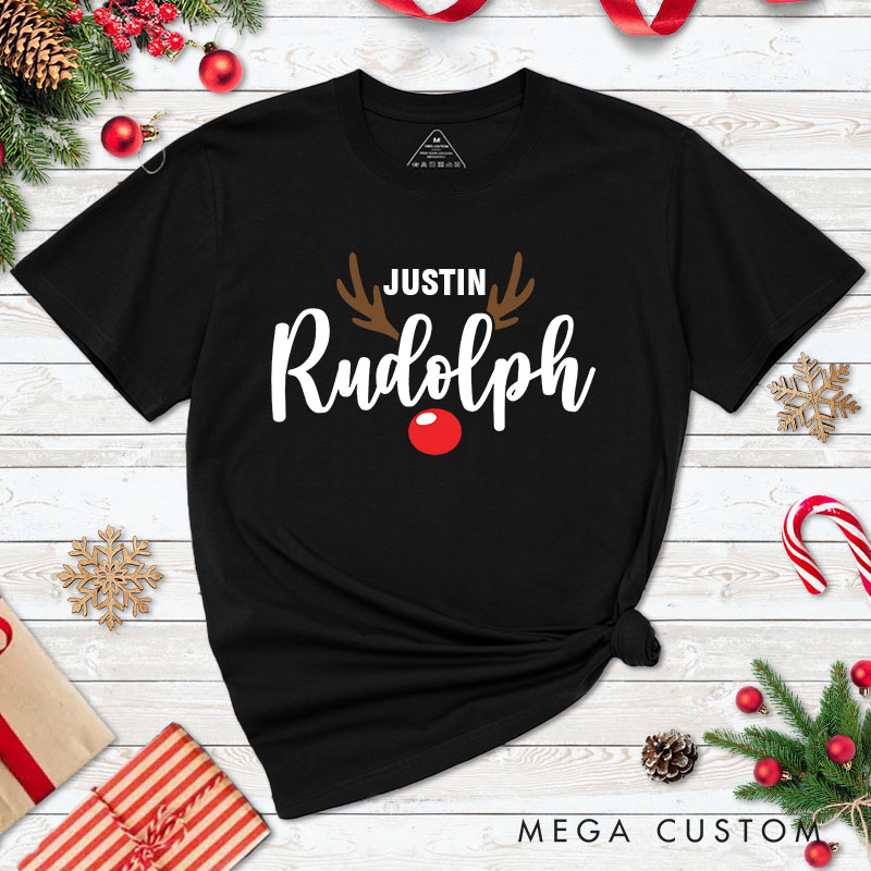 Personalized Couple Rudolph Most Likely to Try and Ride Rudolph Christmas T-Shirt Couple Xmas Matching T-Shirt for Husband Wife Boyfriend Girlfriend
