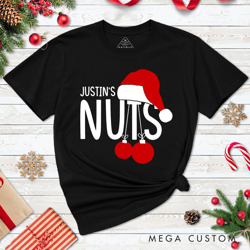 Personalized Couple Funny Nuts and Chest Christmas Matching T-Shirt Couple Xmas Santa Hats T-Shirt for Husband Wife Boyfriend Girlfriend