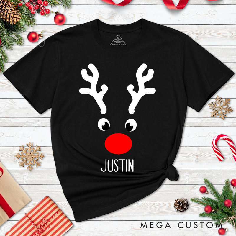 Personalized Couple Cute Reindeer Faces with Antler Christmas Matching T-Shirt Couple Xmas T-Shirt for Husband Wife Boyfriend Girlfriend