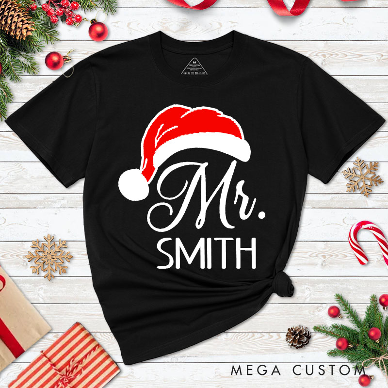 Personalized Couple Mr. and Mrs. with Santa Hat Christmas Matching T-Shirt Couple Xmas T-Shirt for Husband Wife Boyfriend Girlfriend Tee Tops