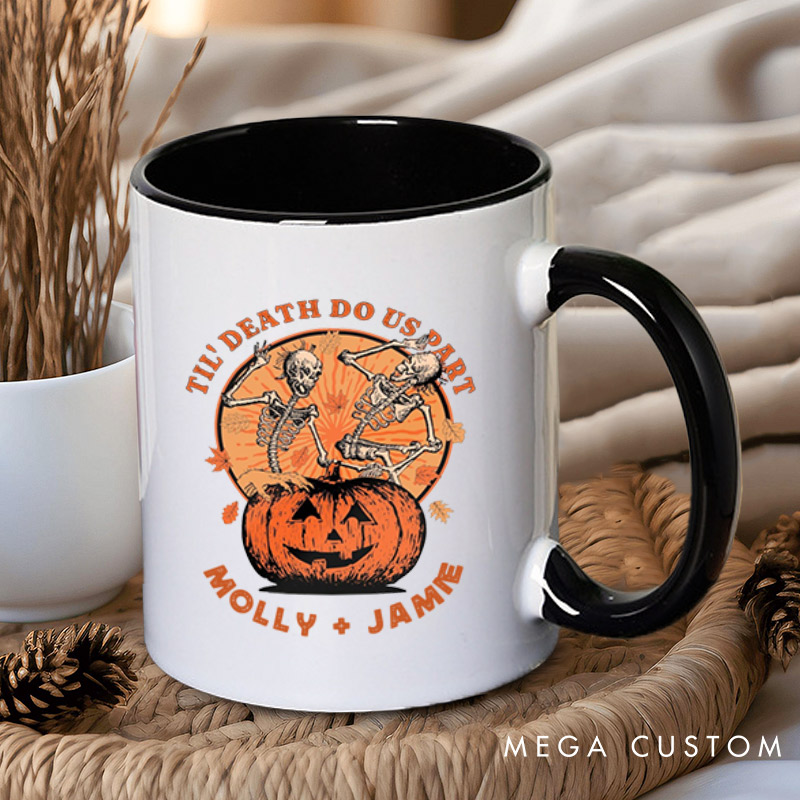 Personalized Til Death Do Us Part Pumpkin Skeleton Couple Halloween Couple Mugs 