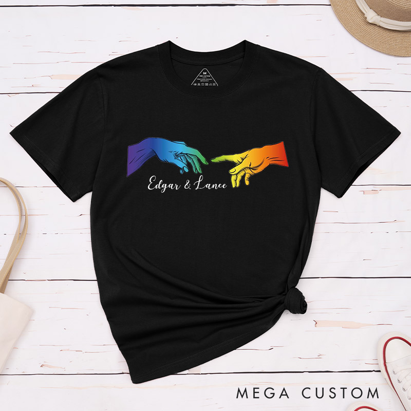 Personalized LGBTQA+ Rainbow Hands Couple T-Shirts LGBTQ Gay Couple Matching Shirt with Name Matching Tee for LGBTQA+