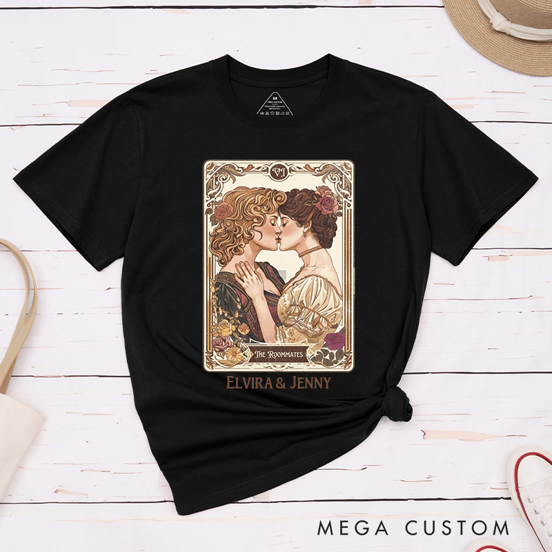 Personalized Romantic Art Lesbian Couple T-Shirts LGBTQA+ Lesbian Couple Matching Shirt for Her Vintage Romance Tee for Lesbian 