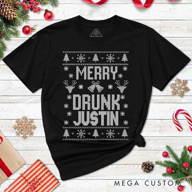Personalized Couple Merry Drunk and We’re Christmas T-Shirt with Name Couple Xmas Matching T-Shirt for Husband Wife Boyfriend Girlfriend Tee Tops