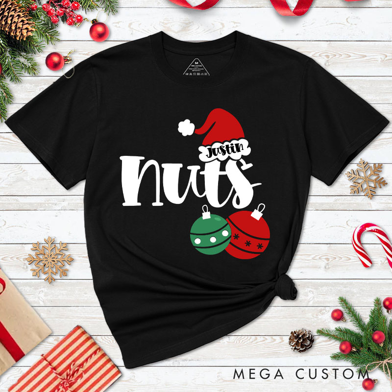 Personalized Couple Funny Nuts and Chest with Santa Hat T-Shirt Couple Xmas Matching T-Shirt for Husband Wife Boyfriend Girlfriend Tee Tops