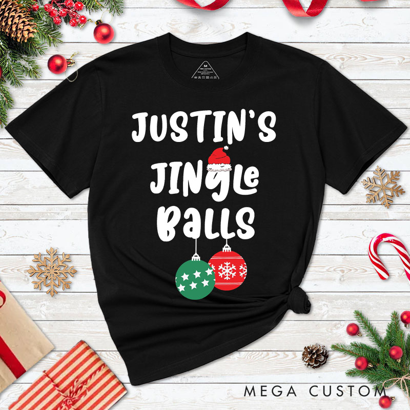 Personalized Couple Humor Jingle Balls and Tinsel Tits with Santa Hat T-Shirt Couple Xmas Matching T-Shirt for Husband Wife Boyfriend Girlfriend Tees