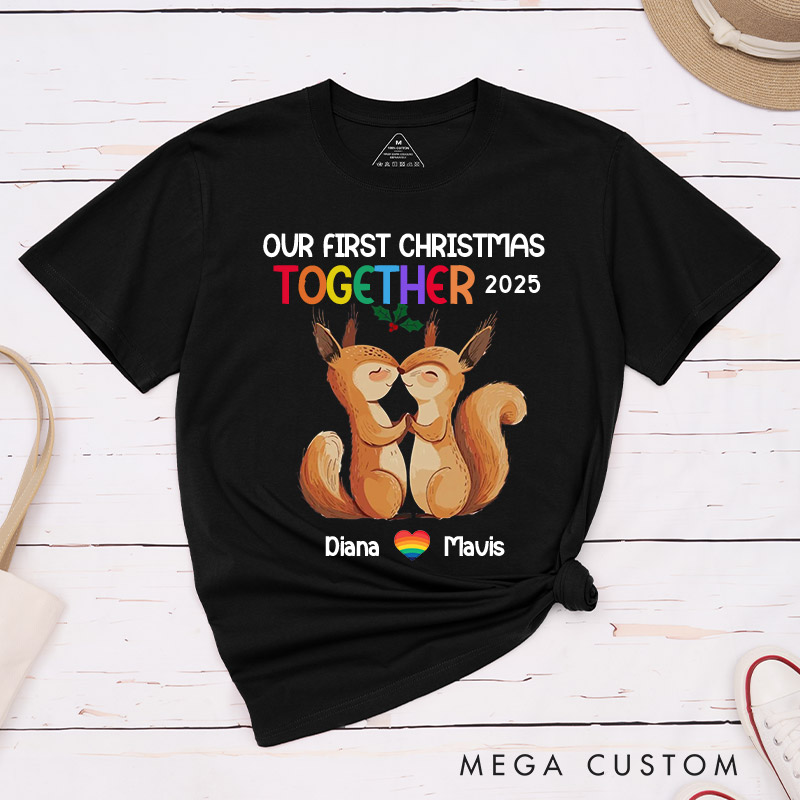 Personalized Our First Christmas Together Couple T-Shirts LGBTQA+ Gay Lesbian Couple Matching Shirt LGBTQ Couple Tee for Lesbian Gay
